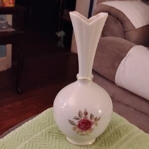 PAIR OF Lenox CREAM Vase with Red Rose VINTAGE Design. OLDER GREEN MARK.  PRISTI
